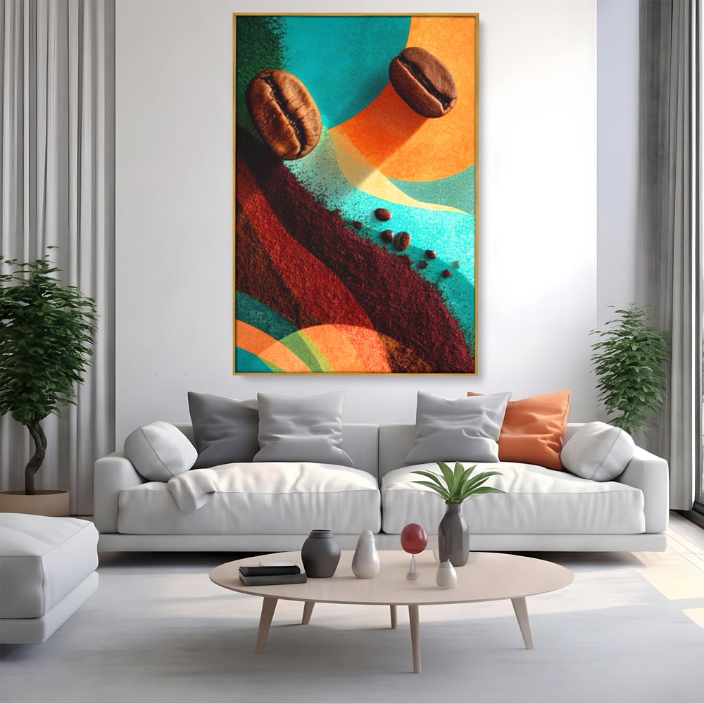Tablou canvas cu tablou abstract cu boabe de cafea, in rama de aluminiu auriu, pe perete intr-un living